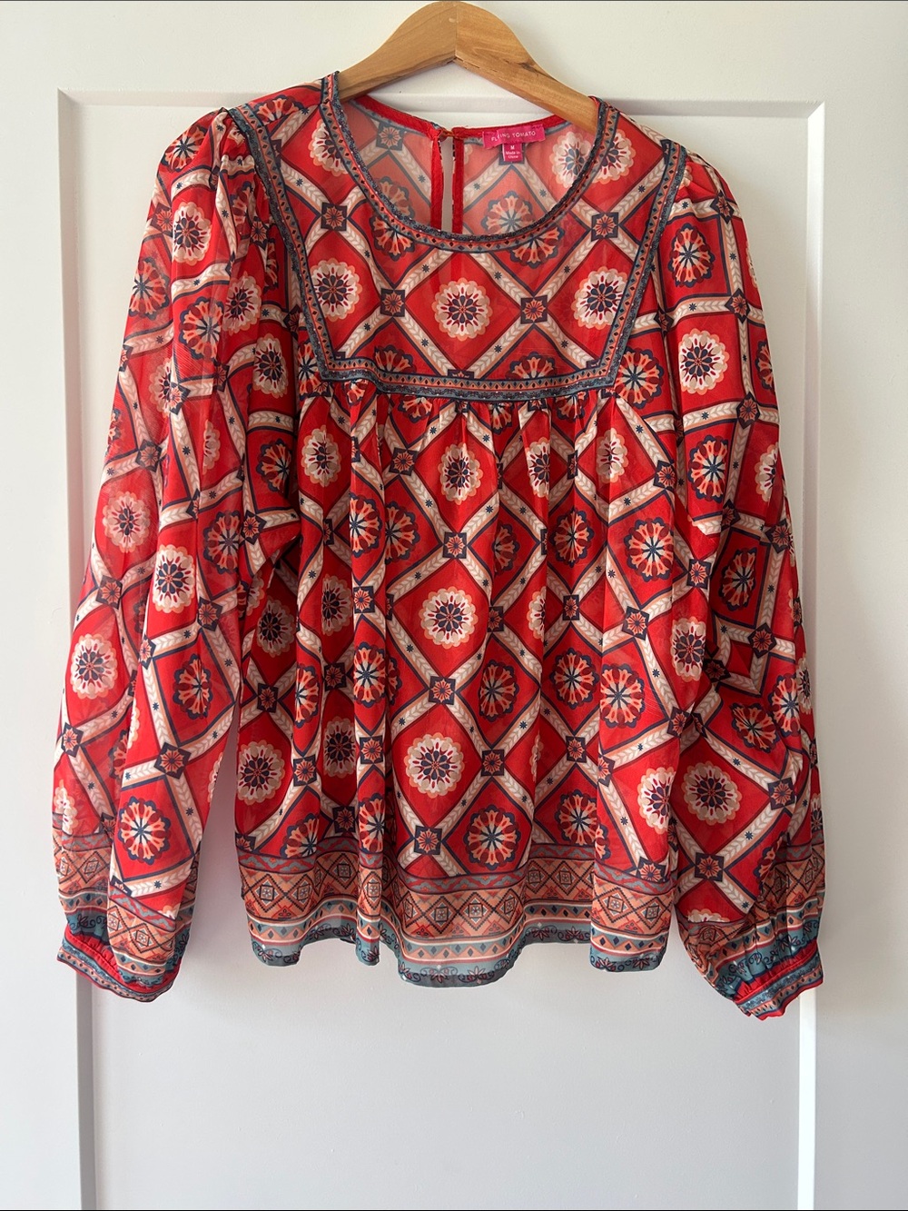 Flying Tomato Red Geometric Tile Print Peasant Blouse